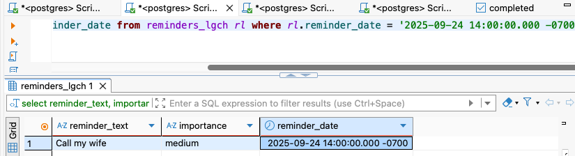 Reminder Database Storage Test Result